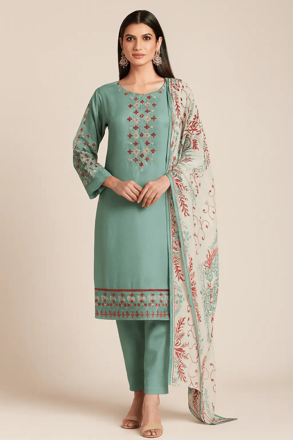 Teal Embroidered Linen 3-Piece Stitched Suit As Fabric