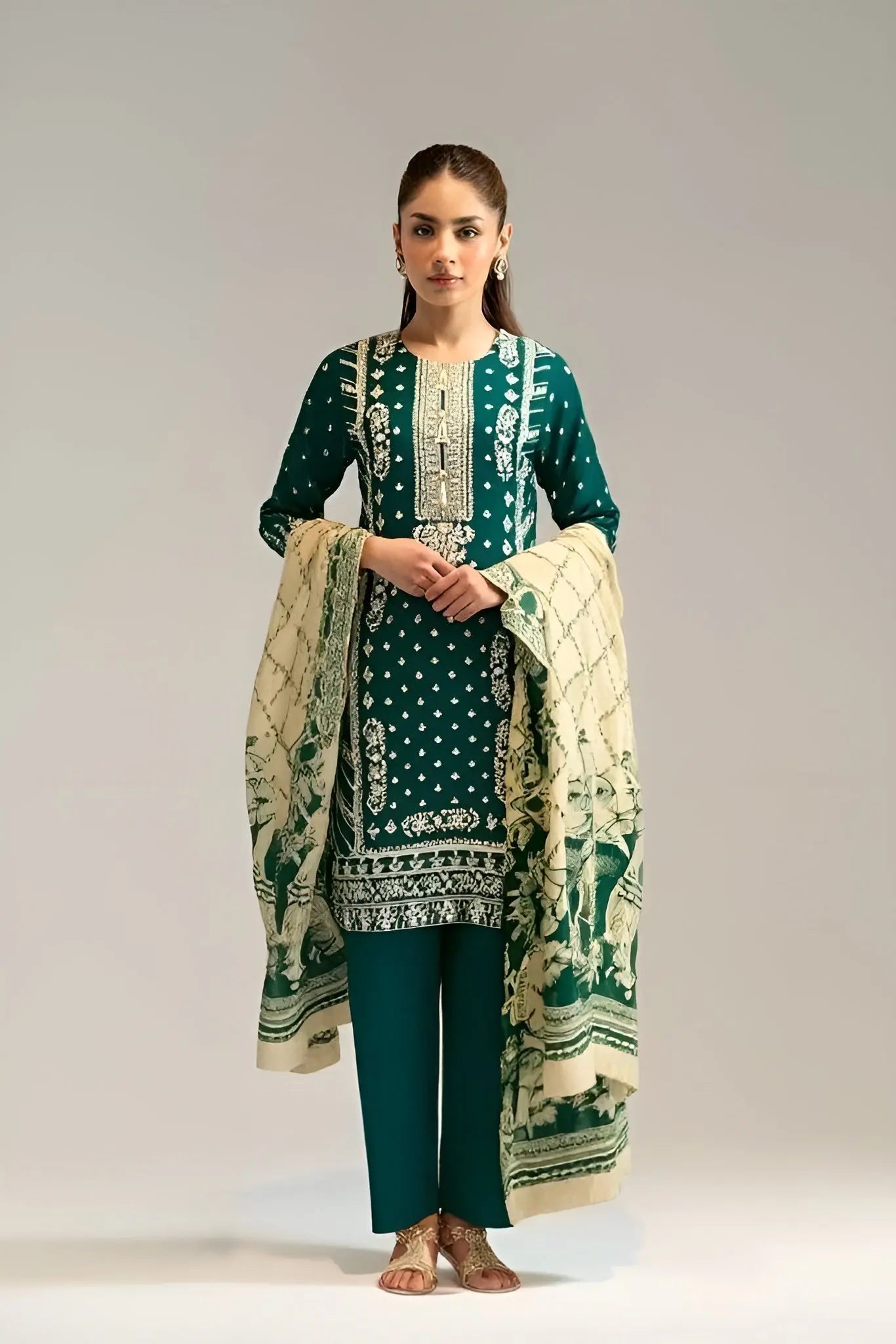 Emerald Grace – 3-Piece Stitched Linen Suit with Printed Chiffon Dupatta As Fabric