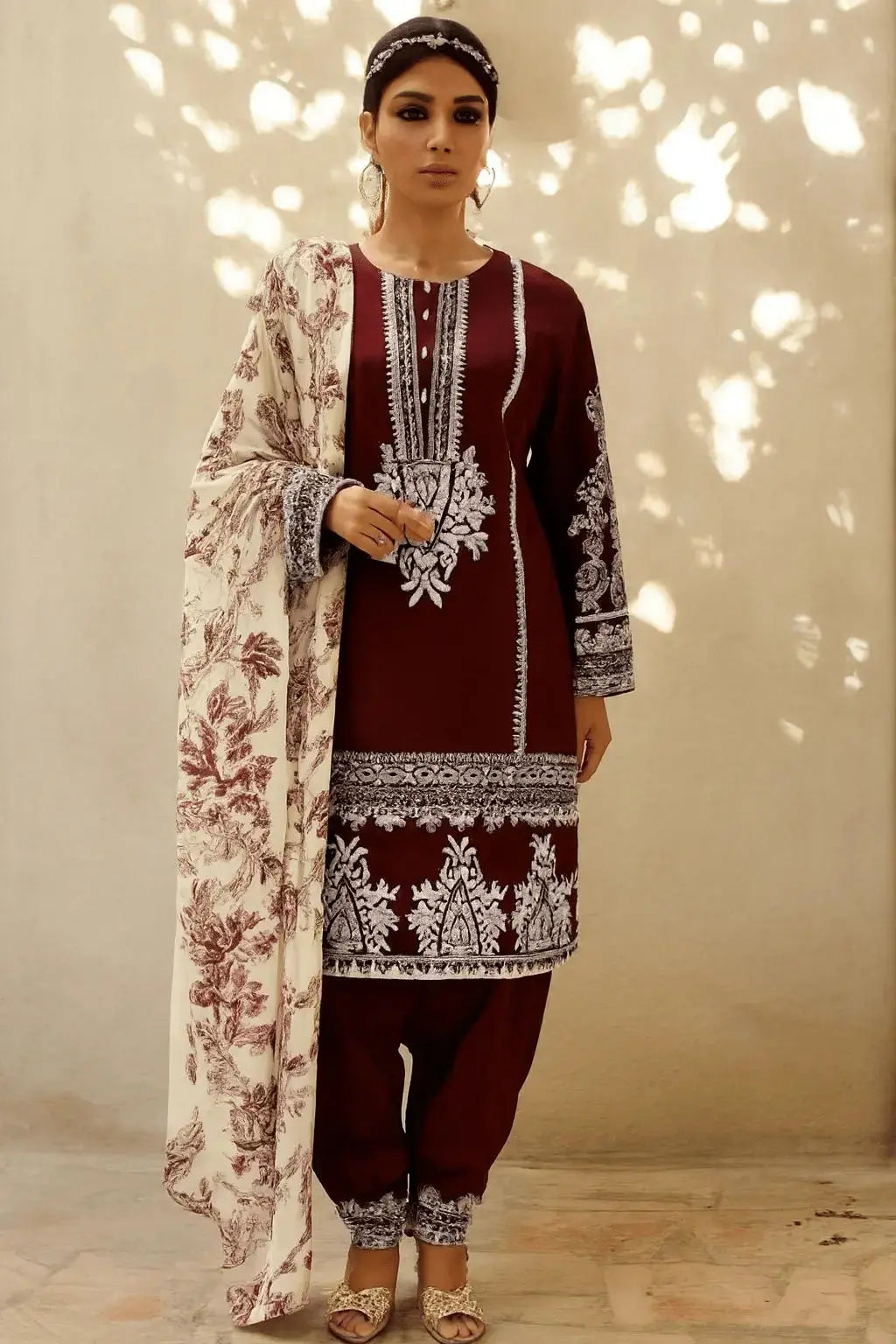 Maroon Elegance – Embroidered womens 3 piece suits As Fabric
