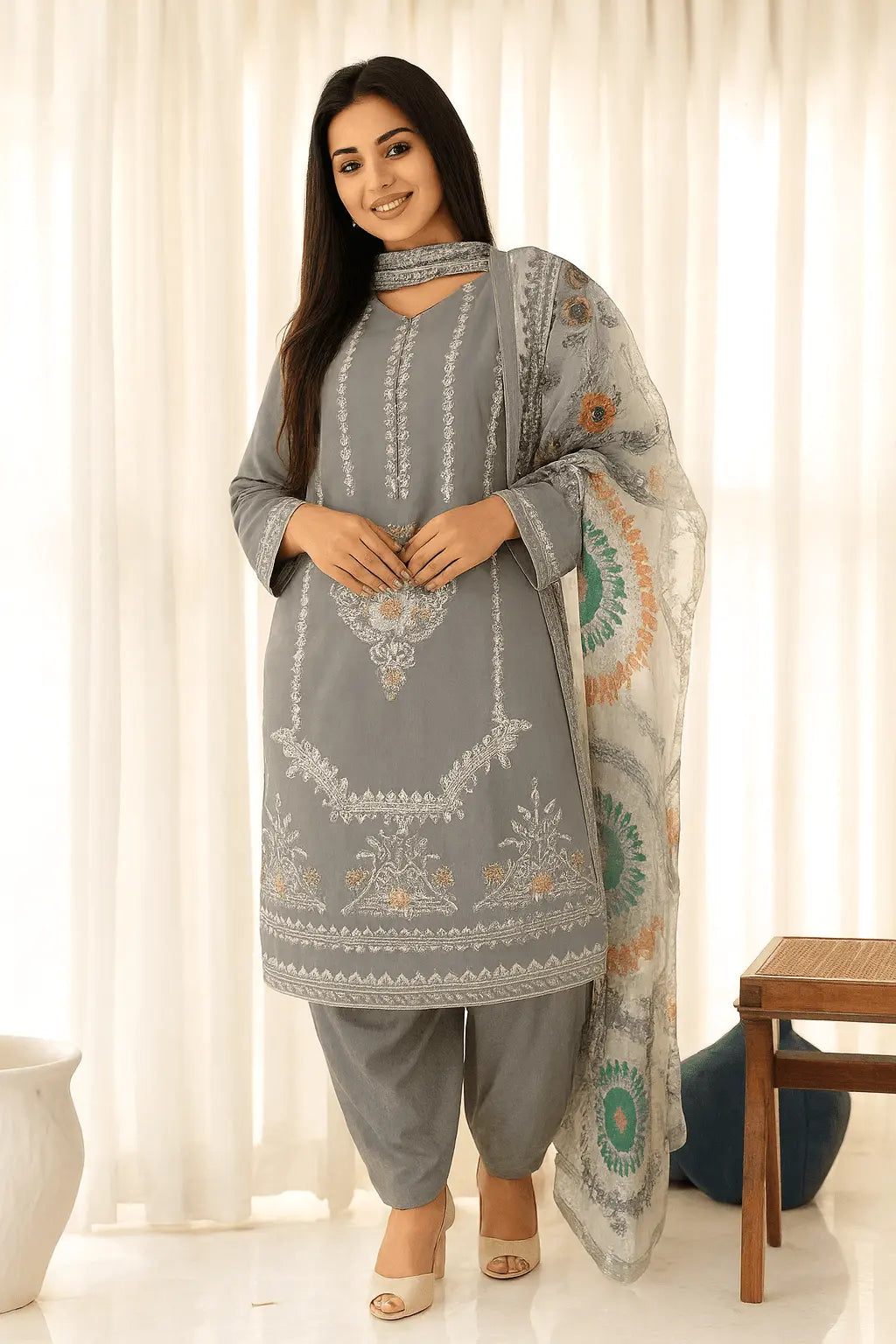Grey 3-Piece Stitched Linen Suit with Printed Chiffon Dupatta As Fabric