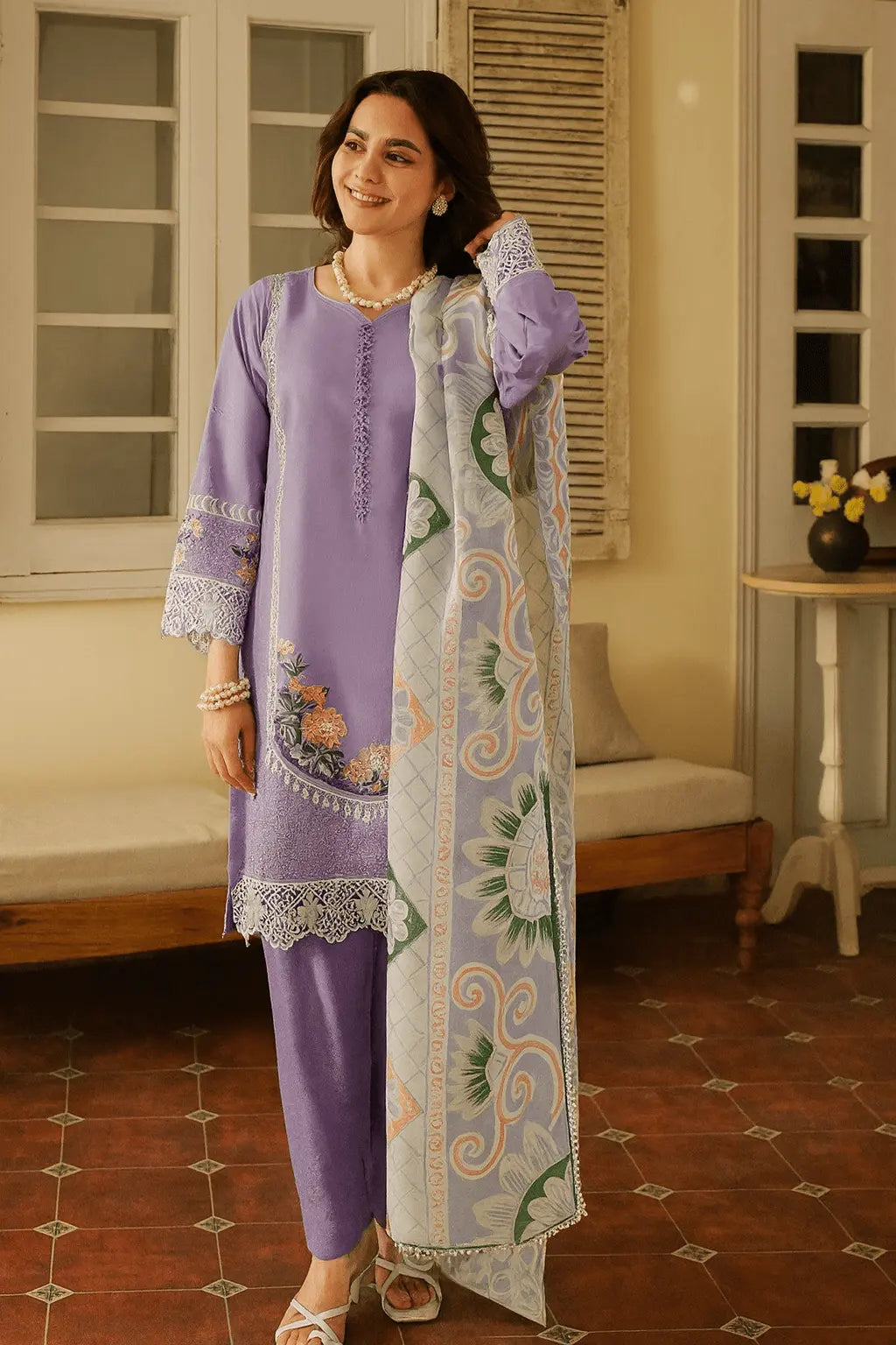 Lavender Embroidered Linen 3-Piece Suit with Printed Chiffon Dupatta As Fabric
