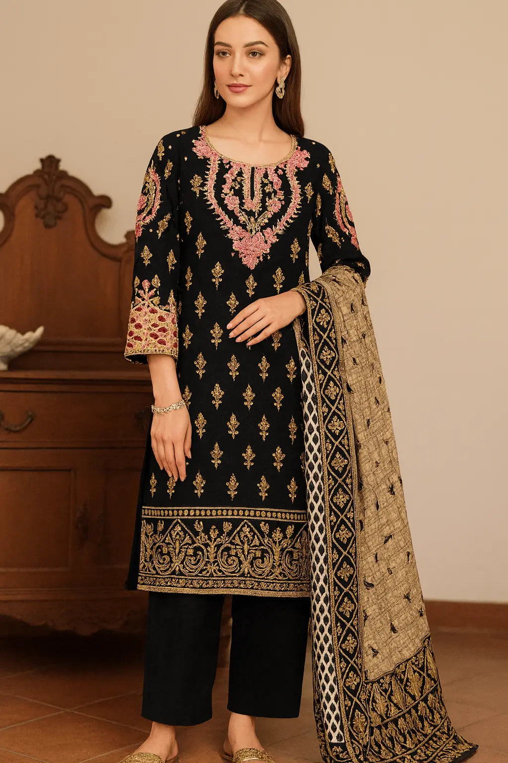 Black Embroidered 3 Piece Stitched Suit with Dupatta As Fabric