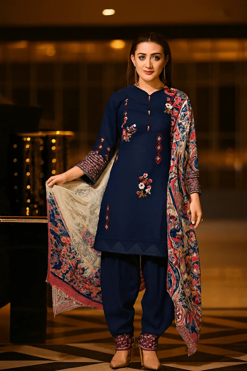 Navy Bloom – 3 Piece Stitched Suit As Fabric