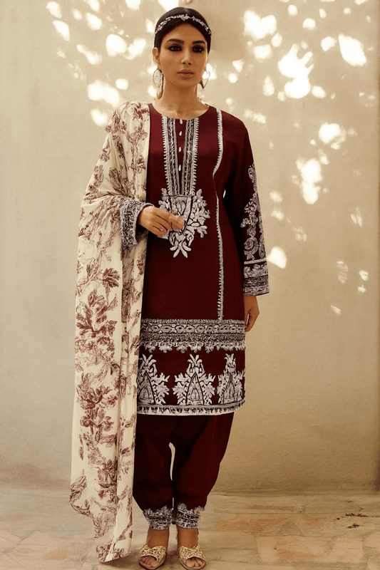 Maroon Elegance – Embroidered Linen 3-Piece Suit