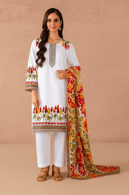 3 Piece Stitched Linen Suit – White with Embroidered Detailing & Printed Dupatta