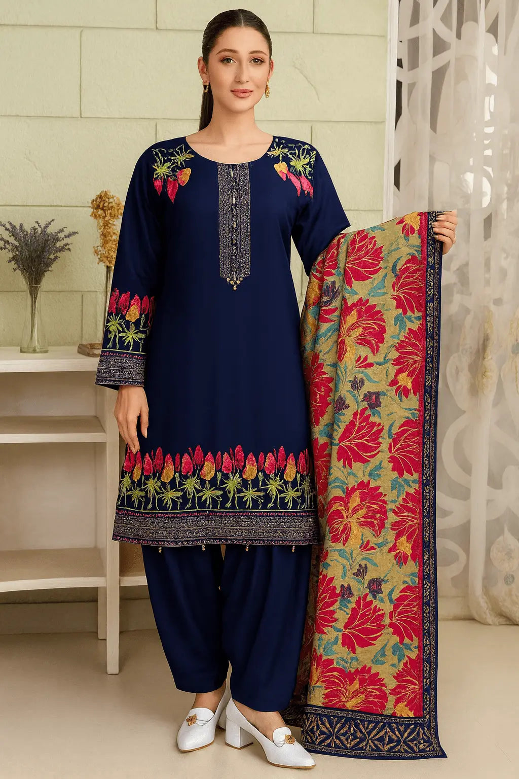 Navy Blue 3-Piece Stitched Linen Suit As Fabric