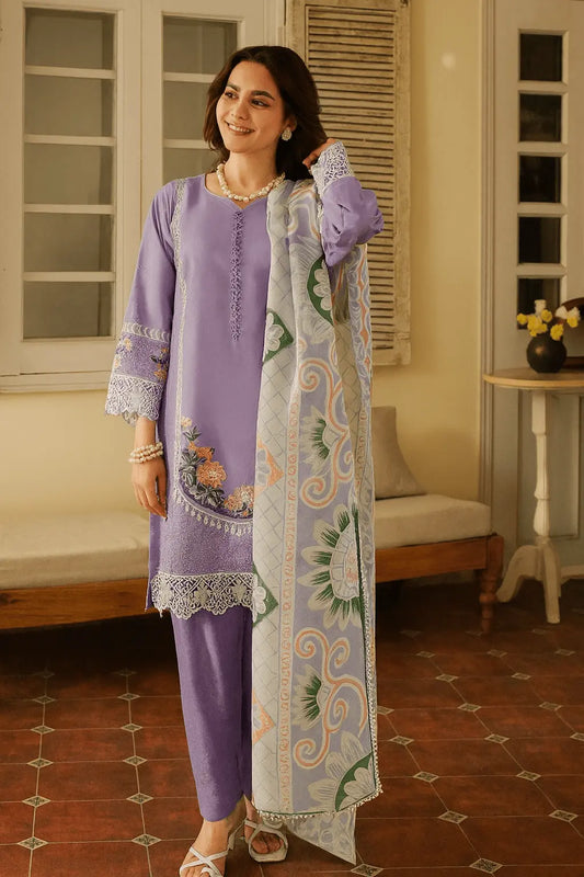 Lavender Embroidered Linen 3-Piece Suit with Printed Chiffon Dupatta