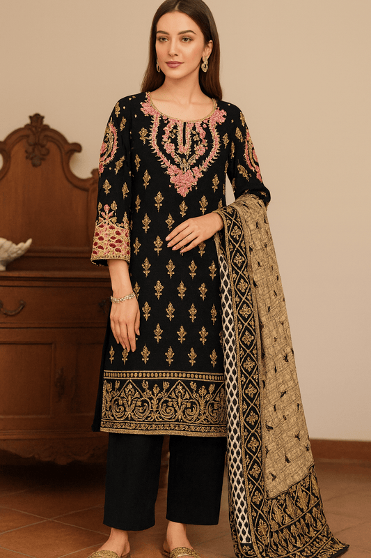 Black Embroidered 3 Piece Stitched Suit with Dupatta