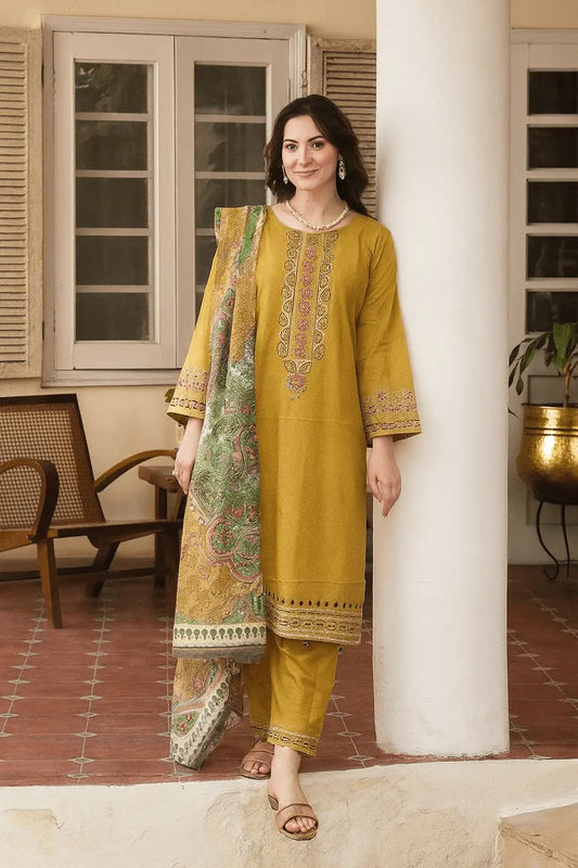 🌼 Mustard 3-Piece Stitched Suit with Printed Chiffon Dupatta