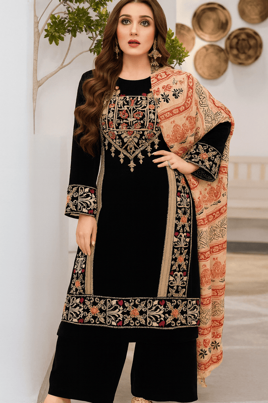 Elegant Black Linen 3-Piece Stitched Suit with Embroidered Details