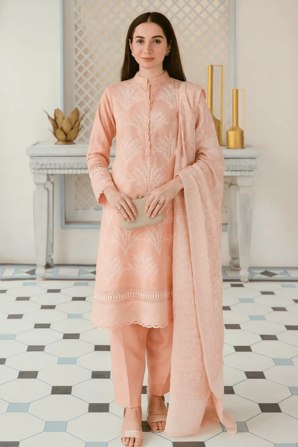 Peach Embroidered Linen 3-Piece Suit with Printed Chiffon Dupatta As Fabric