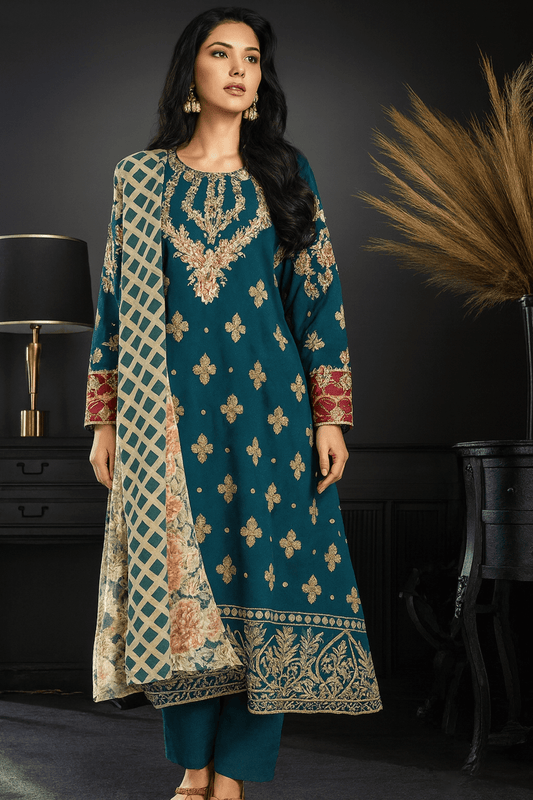 Teal Blue Embroidered 3-Piece Stitched Linen Suit with Printed Chiffon Dupatta